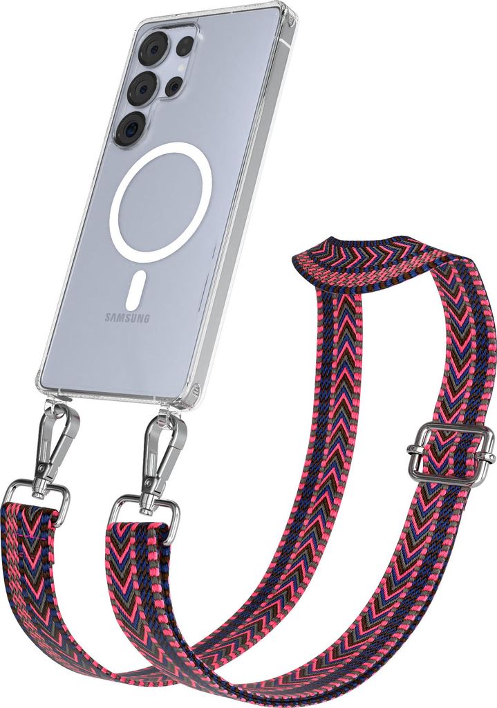 EAZY CASE - Handykette mit MagSafe Hülle für Samsung Galaxy S25 Ultra, Handyband ZigZag Style,Karabiner Silber, Umhängeband in Pink