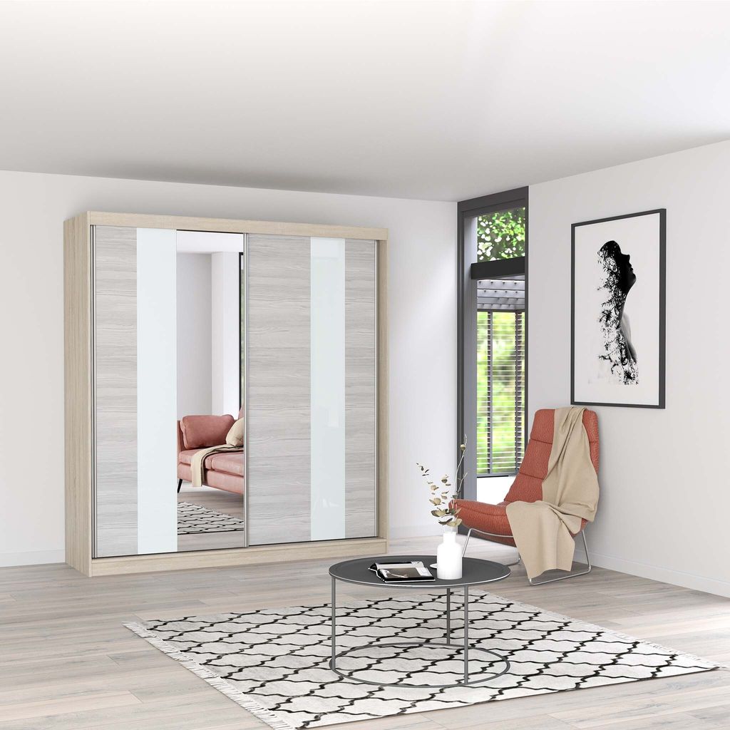 Schwebetürenschrank Kleiderschrank Schrank 203 cm Sonoma/Kathult mit Spiegel Lacobel Glaseinsatz und LED Multi 32