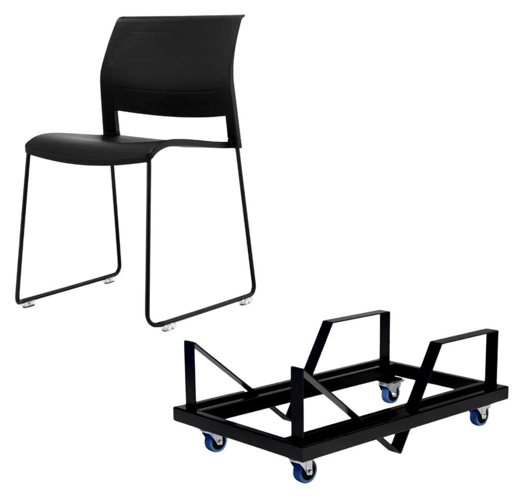 Stapelstuhl mit Kufengestell, schwarze Sitzschale, Besucherstuhl 30er Set mit Rollwagen, Kunststoffstuhl H81,5 x B49 x T56,5 cm, ergonomischer Konf...