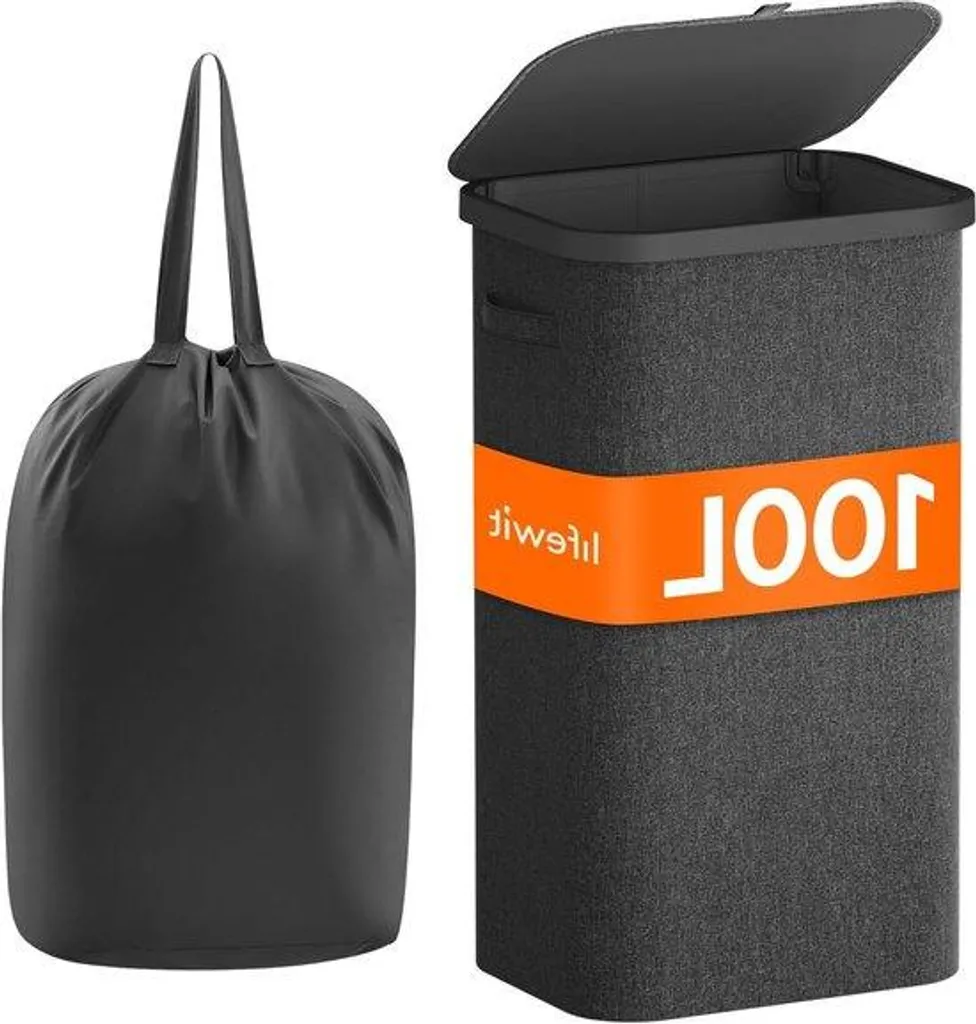 Coffre à linge gris 100 litres pliable avec poignées et sac de tri