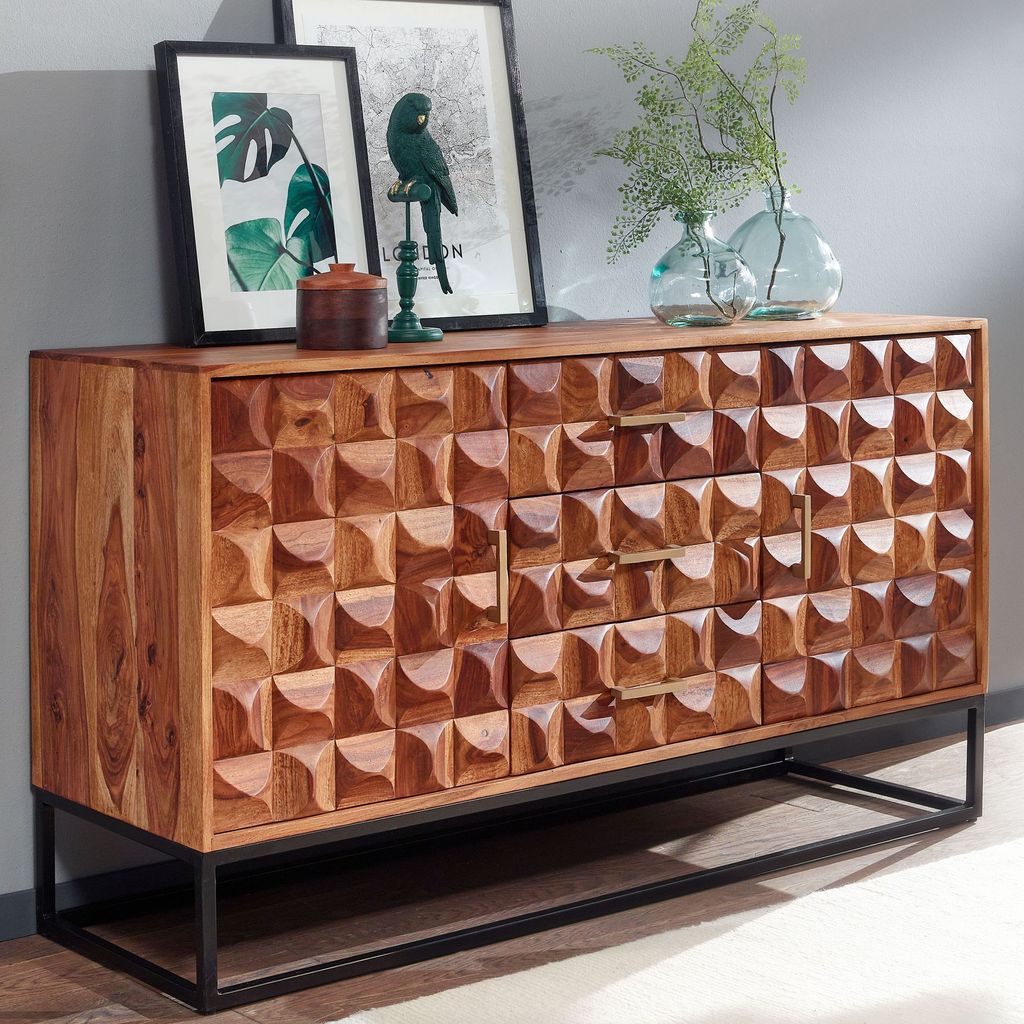 FineBuy Sideboard Sheesham Massivholz 145 cm mit 2 Türen & 3 Schubladen - Massive Retro Kommode mit Metallrahmen Schwarz Design Handdustrial