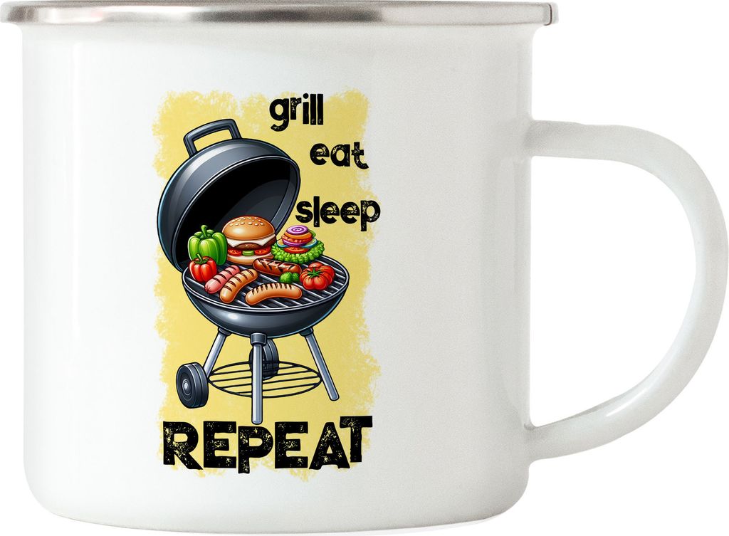 Grill Eat Sleep Repeat BBQ Grillen lustiges Grill Humor Emaille Tasse