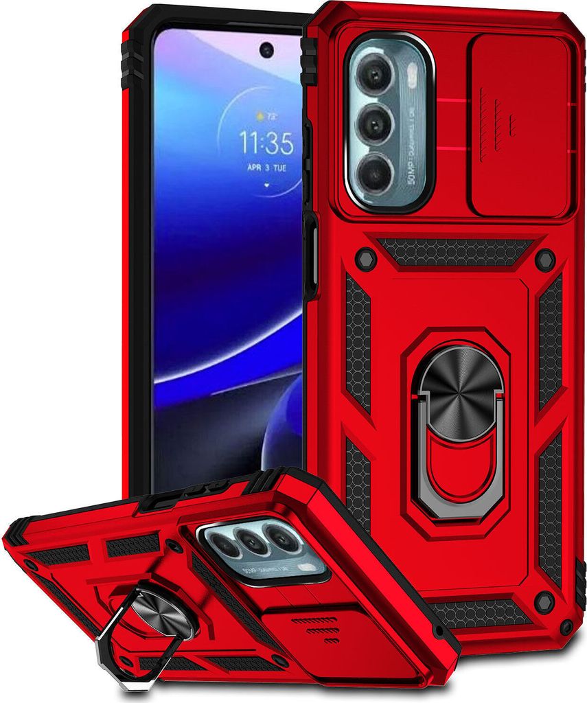 Moto G Stylus 5G 2022 Hülle mit Schiebe Kamera Schutz und Ringhalter Ständer Robust Rüstung Schutzhülle für Motorola Moto G Stylus 5G 2022 Rot