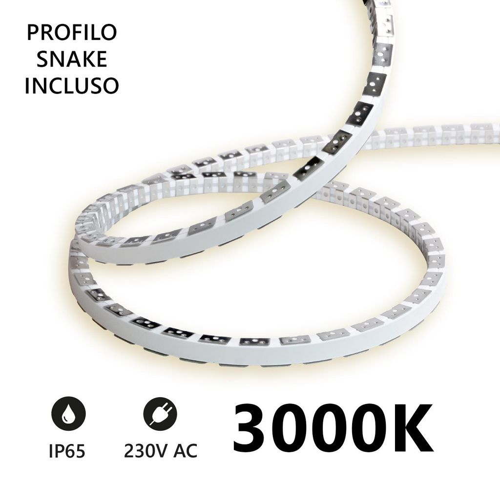 Alcapower Snake Flex LED-Streifen 20m IP65 230V 12W/m 3000K, warmweiß, 120 LED/m, flexibles Silikon für professionelle Beleuchtung