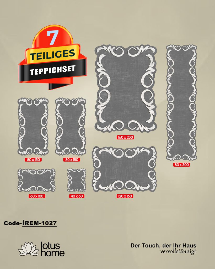 A collection of seven rugs of varying sizes, displayed on a light gray background. A promotional banner at the top left indicates '7 TEILIGES TEPPICHSET'.