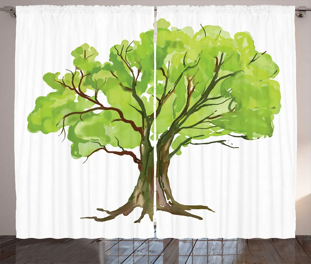 Grand Rideau Salon 280 x 225 cm - Motif Aquarelle Verte et Rouge Bois
