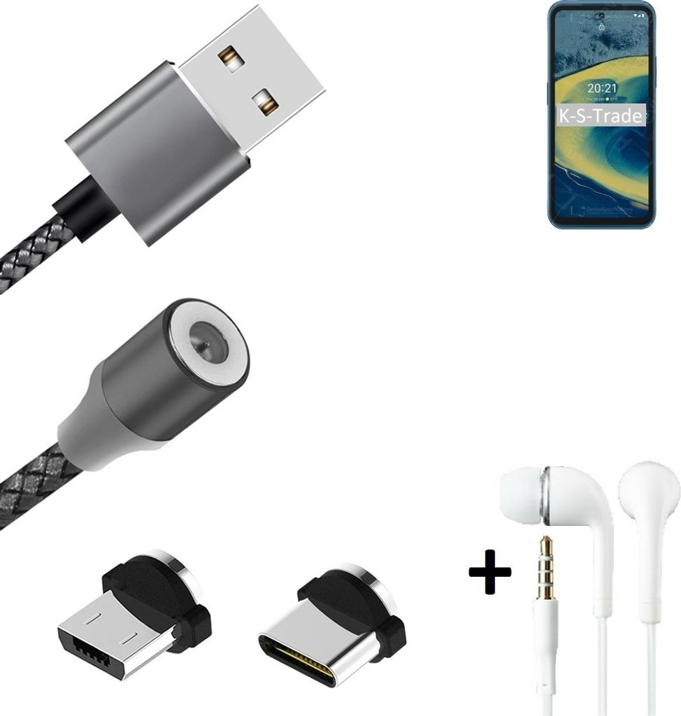 K-S-Trade Hochwertiges Magnet-Lade-kabel Sync-Kabel Daten-Kabel + Kopfhörer kompatibel mit Nokia XR20 mit USB-Typ-C-Anschluss und