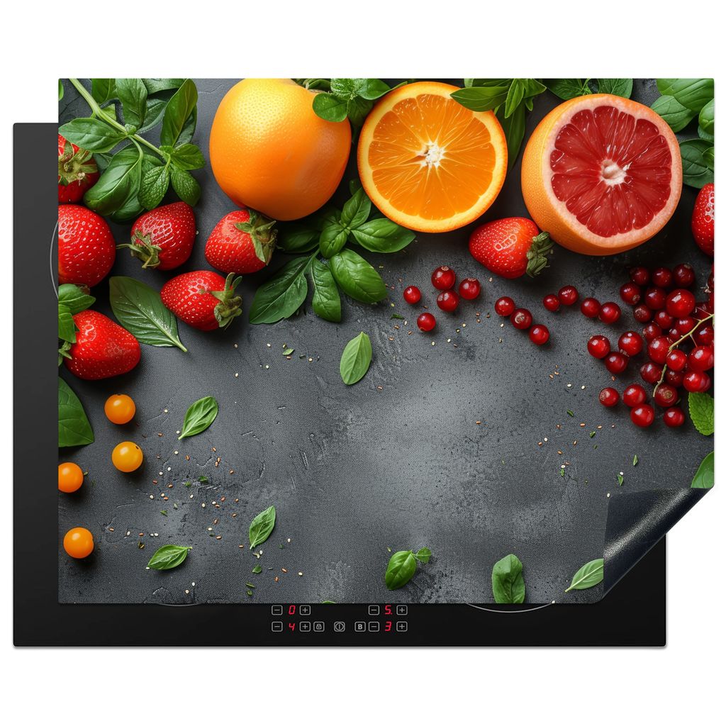 KitchenYeah Herdabdeckplatte Obst - Bunt - Konkret , 65x52cm, Küche Deko, Glaskeramikkochfeld Herdabdeckung, Abdeckplatte fùr Kochfeld