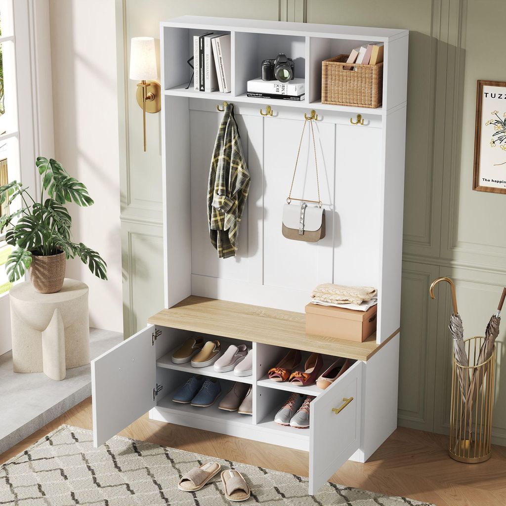 STILVORA Garderobenset 105×40×180 cm mit Sitzbank und Stauraum, Flurgarderobe mit 2 Türen 4 Haken und offenem Stauraum, Garderobe kompakt für E...