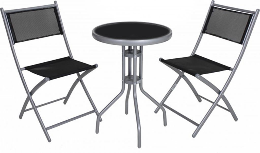 A garden bistro set with a round table and two folding chairs, all made of metal with black fabric seats and backs.
