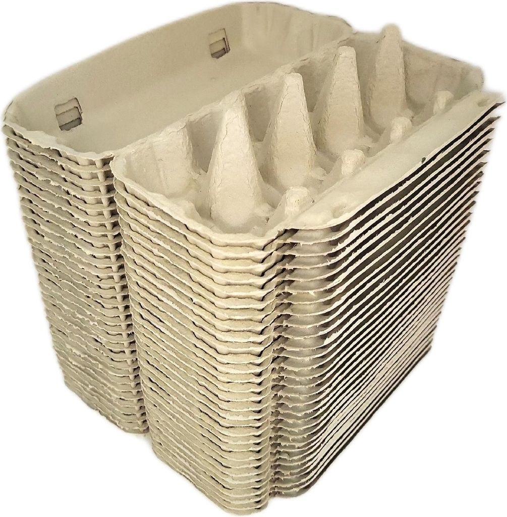 A stack of gray paper egg cartons.