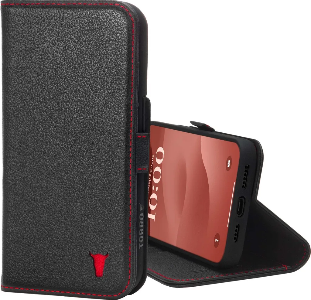 Custodia Wallet TORRO iPhone 15 Pro Max - Pelle Nera e Dettagli Rossi