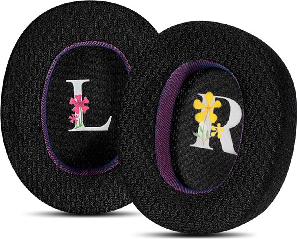 Two black ear pads for headphones, each with a letter and a floral design.