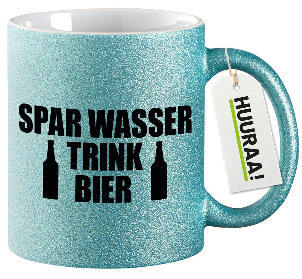 Huuraa Glitzertasse Spar Wasser Trink Bier Bierflasche 330ml Blau Keramik Kaffeebecher Geschenkidee
