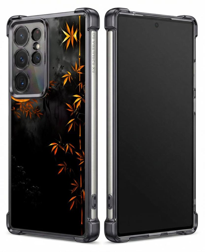 Personalisierte Hülle mit Bild für Samsung Galaxy S25+ Elektroplattiert TPU Stoßdämpfer Handyhülle mit Bambusblätter, orange-schwarzer Hinter...