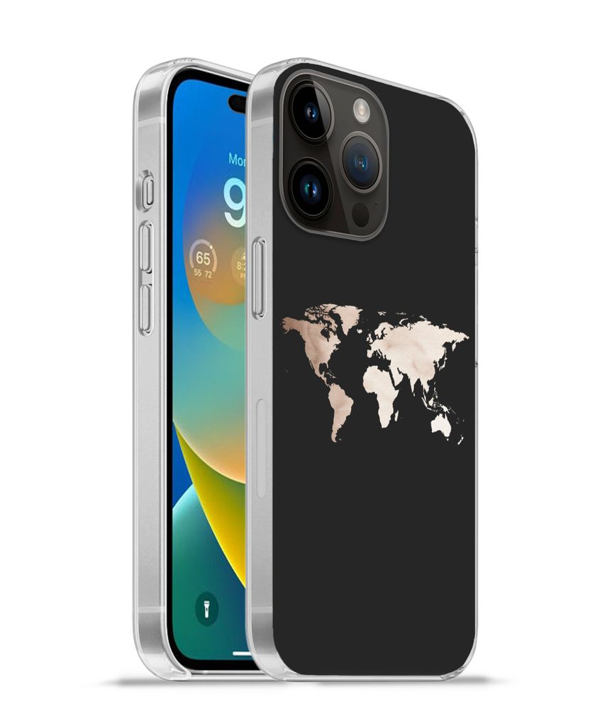 MuchoWow Handyhülle Schutzhülle Hülle für Apple iPhone 14 Pro - Softcase Weltkarte - Leder - Schwarz Silikon Softcase Handy Hülle - Umschlag