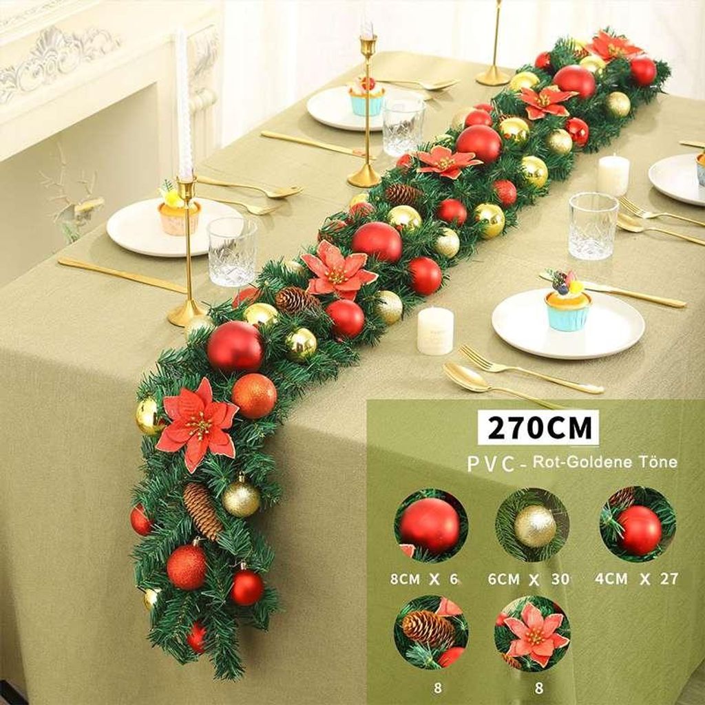 Weihnachtsgirlande 2,7m Künstliche Tannengirlande Deko PVC Für Zuhause & Schaufenster, Rot-Goldene Töne