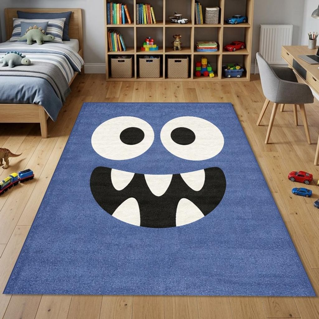 Kinderteppich in Blau mit fröhlichem Monster Größe - 120 x 170 cm