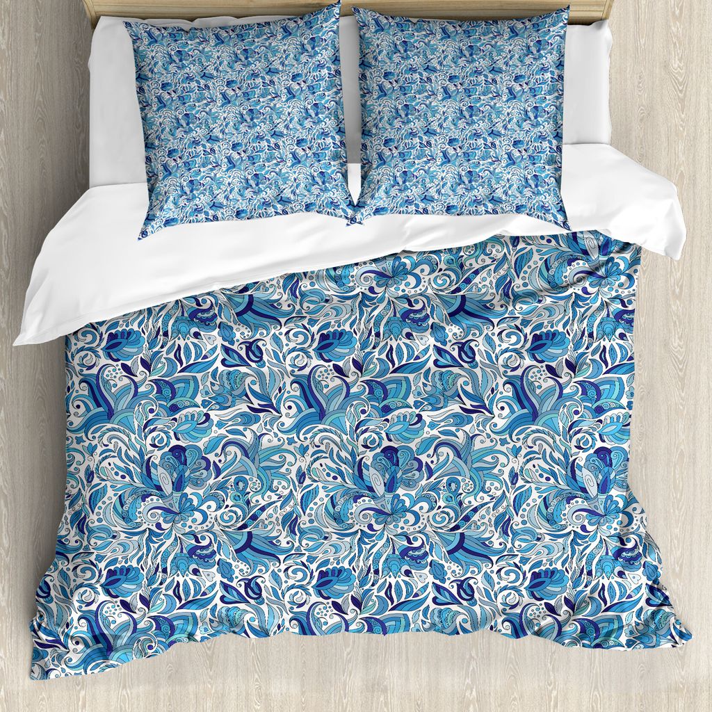 ABAKUHAUS Blumen Bettbezug, Naher Osten Natur, Milbensicher Allergiker geeignet mit Kissenbezügen, 200 cm x 200 cm - 80 x 80 cm, Blau Marine und G...