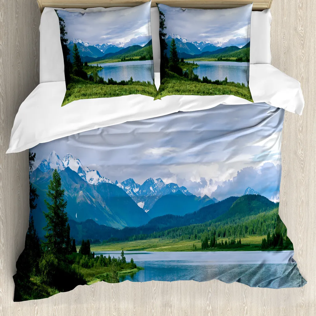 ABAKUHAUS Set copripiumino per letti matrimoniali, Snowy Belukha Summit, antiacaro, adatto a chi soffre di allergie, con federe, verde felce e azzurro
