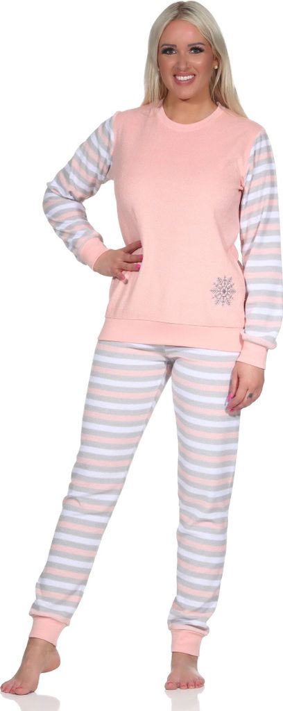 Geringelter Damen Frottee Schlafanzug langarm Pyjama mit Eiskristall ; rosa , 44-46