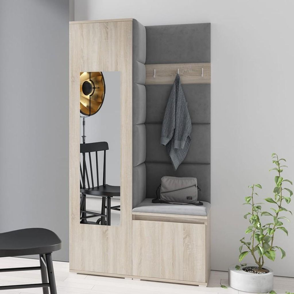 Garderoben-Set "Iga", Moderner Kleiderschrank mit Polsterplatten und Schuhschrank – Ideal für Flur und Eingangsbereich (Sonoma Eiche, Trinity 15)