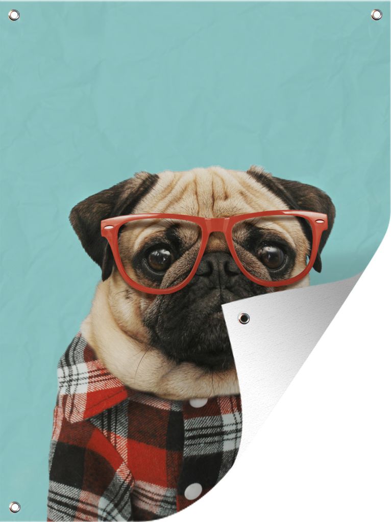 MuchoWow 60x80 cm Outdoor-Poster Gartendeko Sichtschutz Garten Poster für den Garten Hund - Hipster - Brille - Bluse