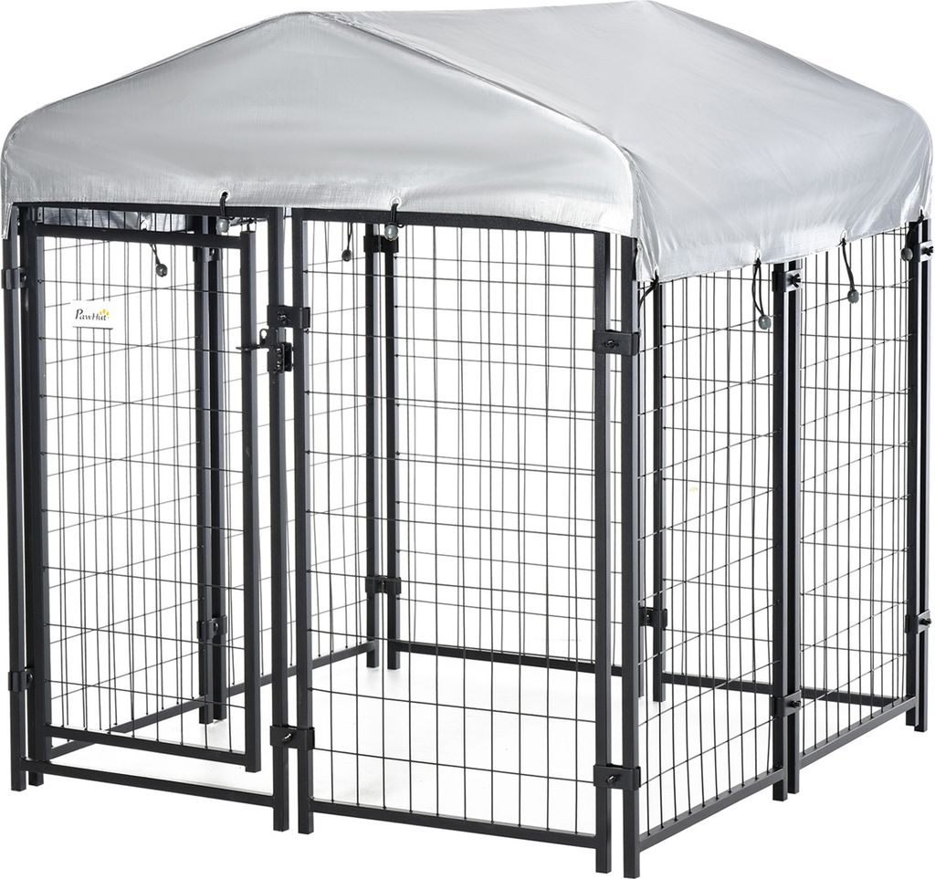 Pawhut Outdoor-Zwinger mit Dach, 120 x 120 x 138 cm, Hundekäfig, Haustier-Laufstall mit Metallgitter und abschließbarer Tür für Garten, Terrass...