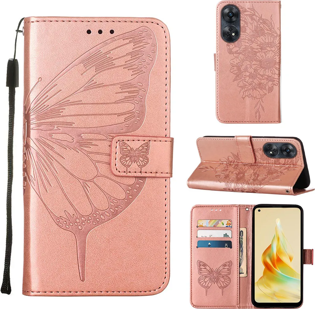 Custodia OPPO Reno8 T 4G Rosa Farfalla | Cover Pelle Portafoglio con Supporto