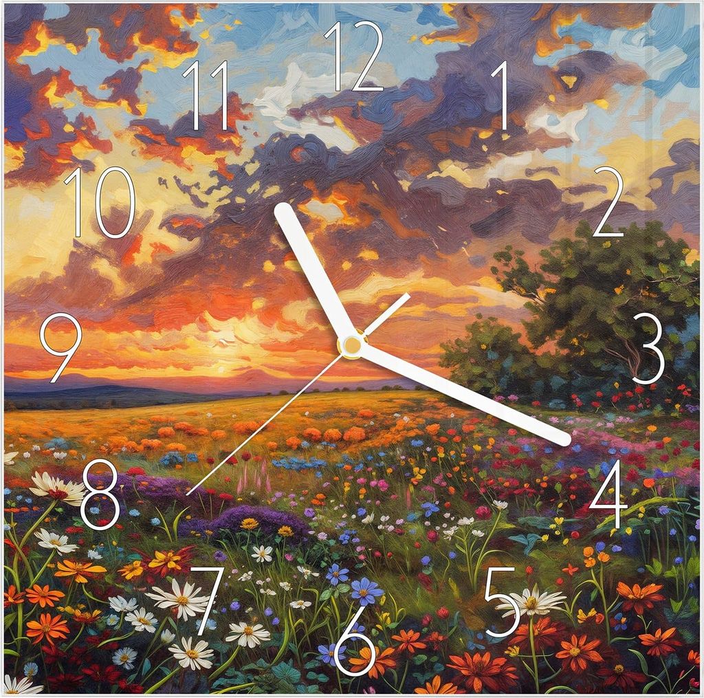 Wanduhr aus Glas mit Motiv Blumenwiese Sonnenuntergang- 30 Produktbild 