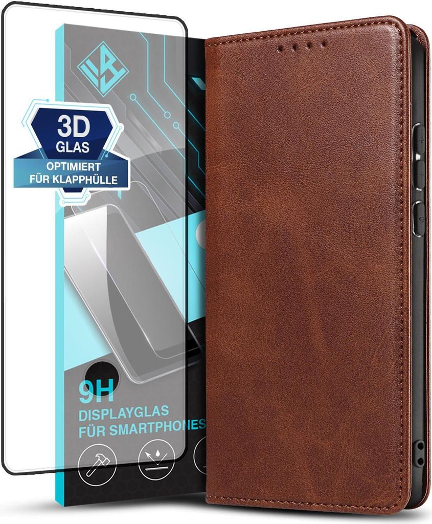 Handyhülle für Samsung Galaxy S20 mit 9H Displayglas Kunstleder Flip Cover Hülle Handytasche Case Kartenfach Farbe: Dunkelbraun