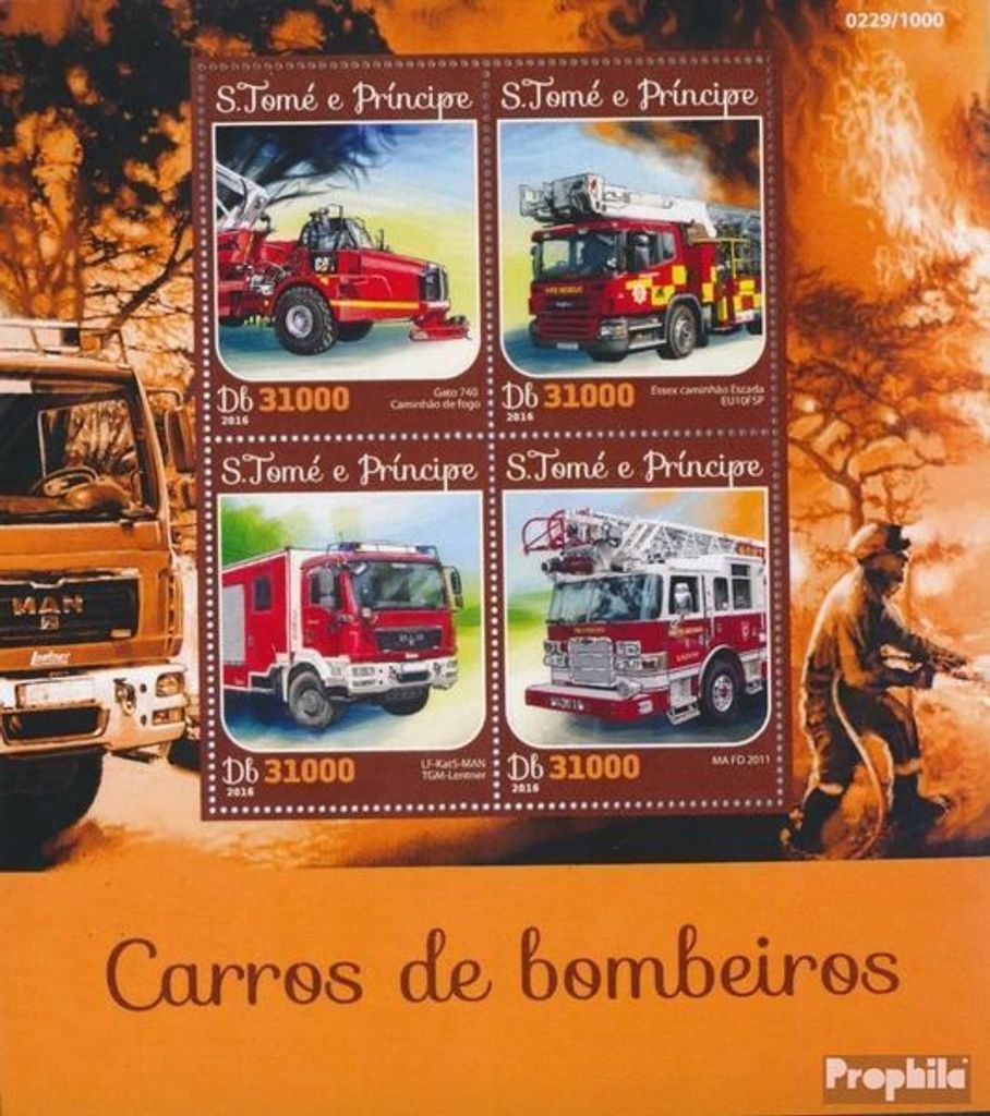 Briefmarken Sao Tome e Principe 2016 Mi 6661-6664 Kleinbogen (kompl. Ausgabe) postfrisch Feuerwehrfahrzeuge