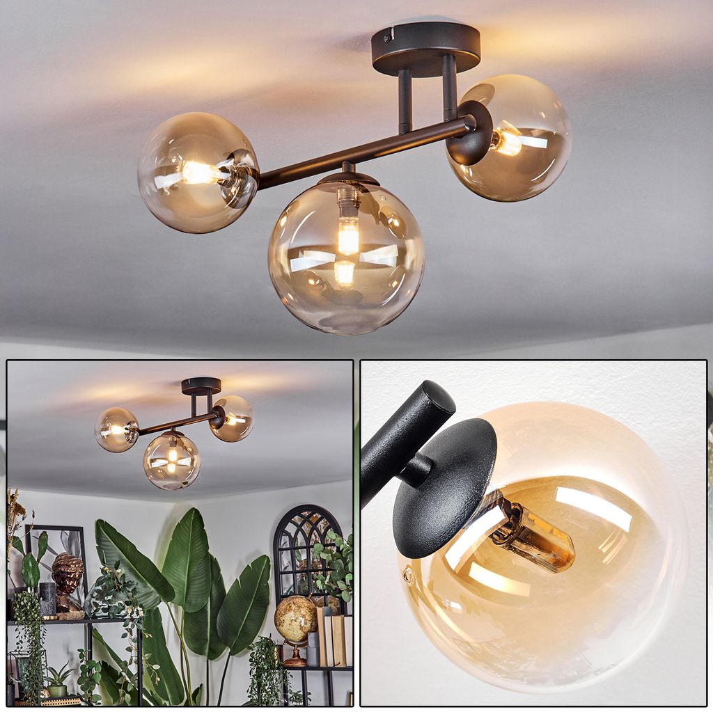 Isorella 3-flammige Deckenlampe aus Metall/Glas in Schwarz/Bernstein/Klar