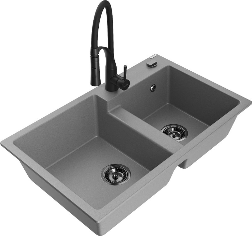 Mexen Tomas 2-Becken-Granitspüle mit Mischbatterie Aster, Grau - 6516-71-73450-70-B
