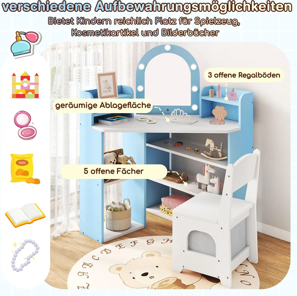 Coiffeuse enfant LED avec 8 compartiments de rangement et miroir d'angle - 4