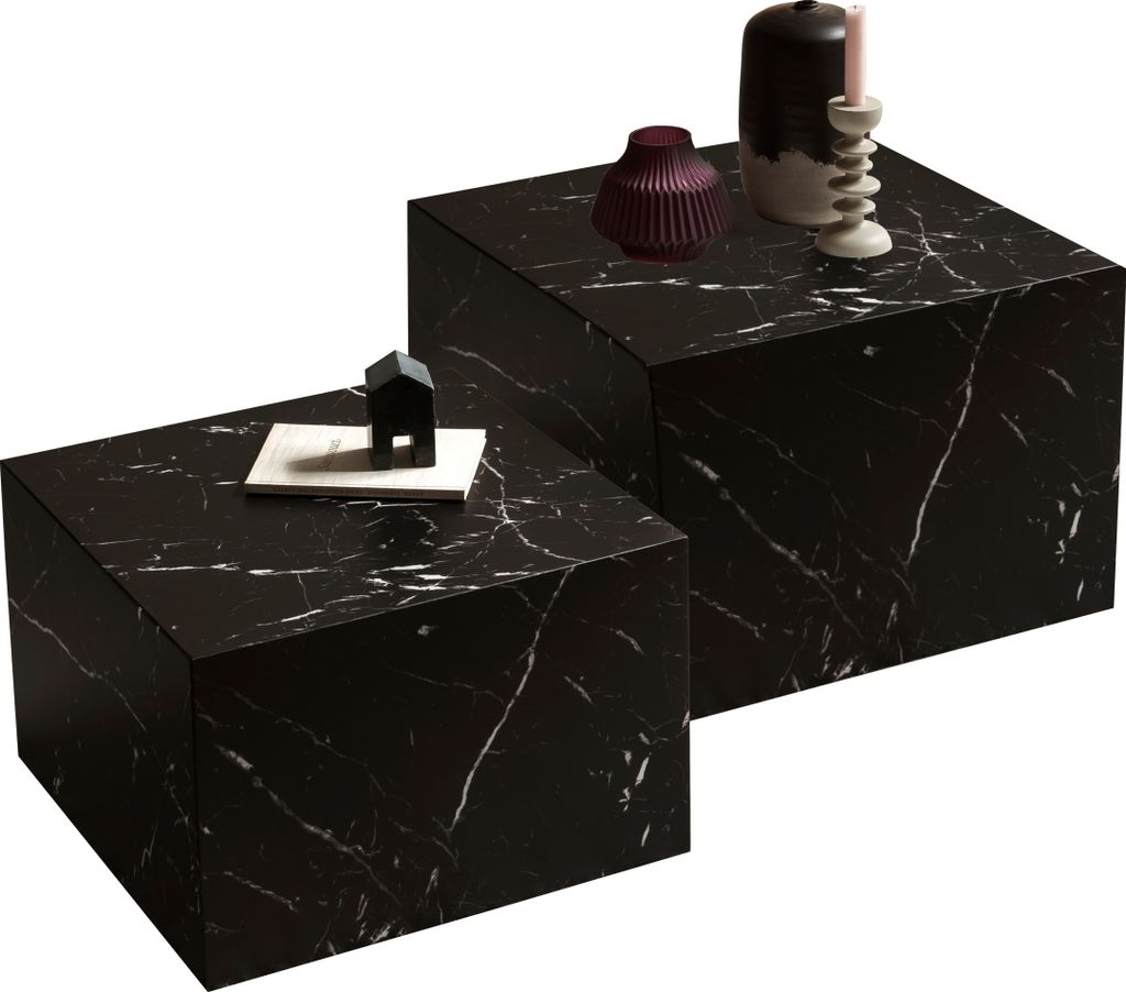 SalesFever Couchtisch 2er Set | quadratisch | MDF foliert in Marmoroptik | B 50/58 x T 50/58 x H 33/40 cm | schwarz
