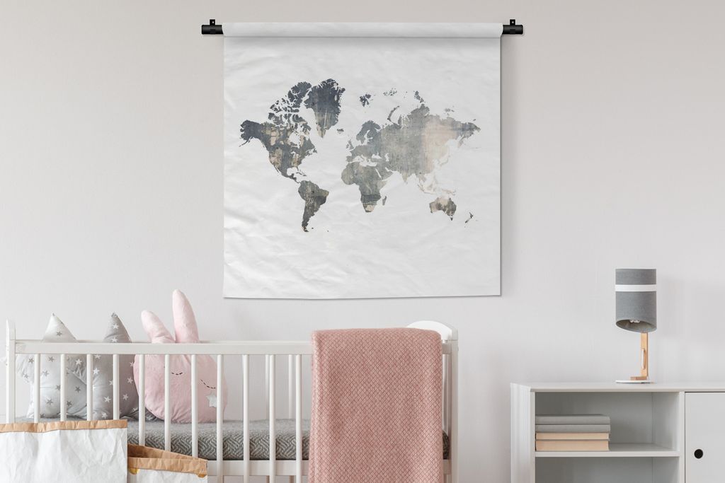 MuchoWow Wandteppich Wandbehang Weltkarte - Blau - Weiß 90x90 cm Tapisserie Dekoration Wandtuch - Wandaufhänger