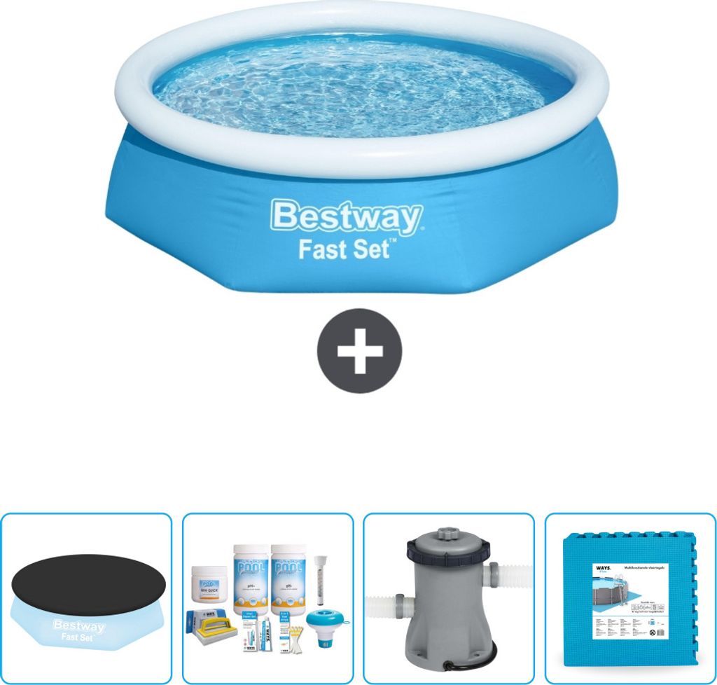Bestway runder aufblasbarer Fast-Set-Pool – 244 x 61 cm – Blau – im Lieferumfang enthalten Abdeckung - Wartungspaket - Pumpe - Bodenfliesen