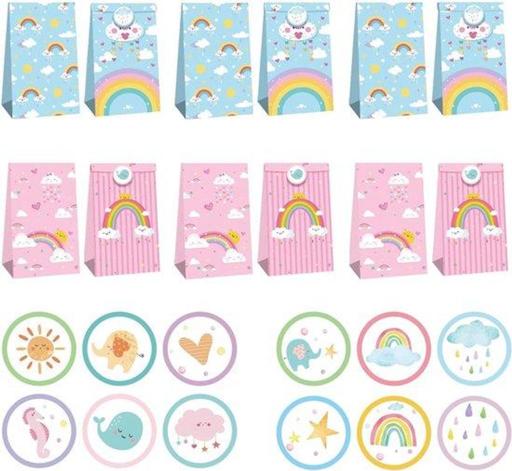 Kinderpapierenzakjes Set 12 Regenbogenzakjes mit Stickers Geschenkzakjes für Kinderfeiern