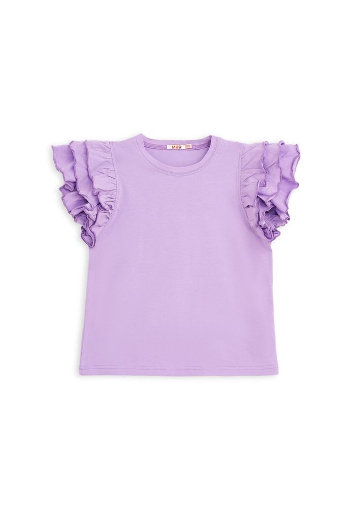 Mädchen Sommer Outfit - T-Shirt mit Rüschensleeves und weiten Hosen -Lila - Bequem und stylisch Größe 128, Alter 8 Jahre
