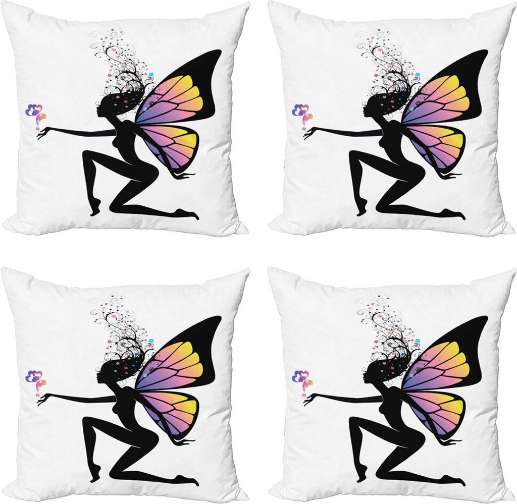 ABAKUHAUS Fantasie Kissenbezug Set (4 Stück), Mädchen Butterfly Wings, Moderner Doppelseitiger Digitaldruck, 45 cm x 45 cm, Schwarz und Multicolor
