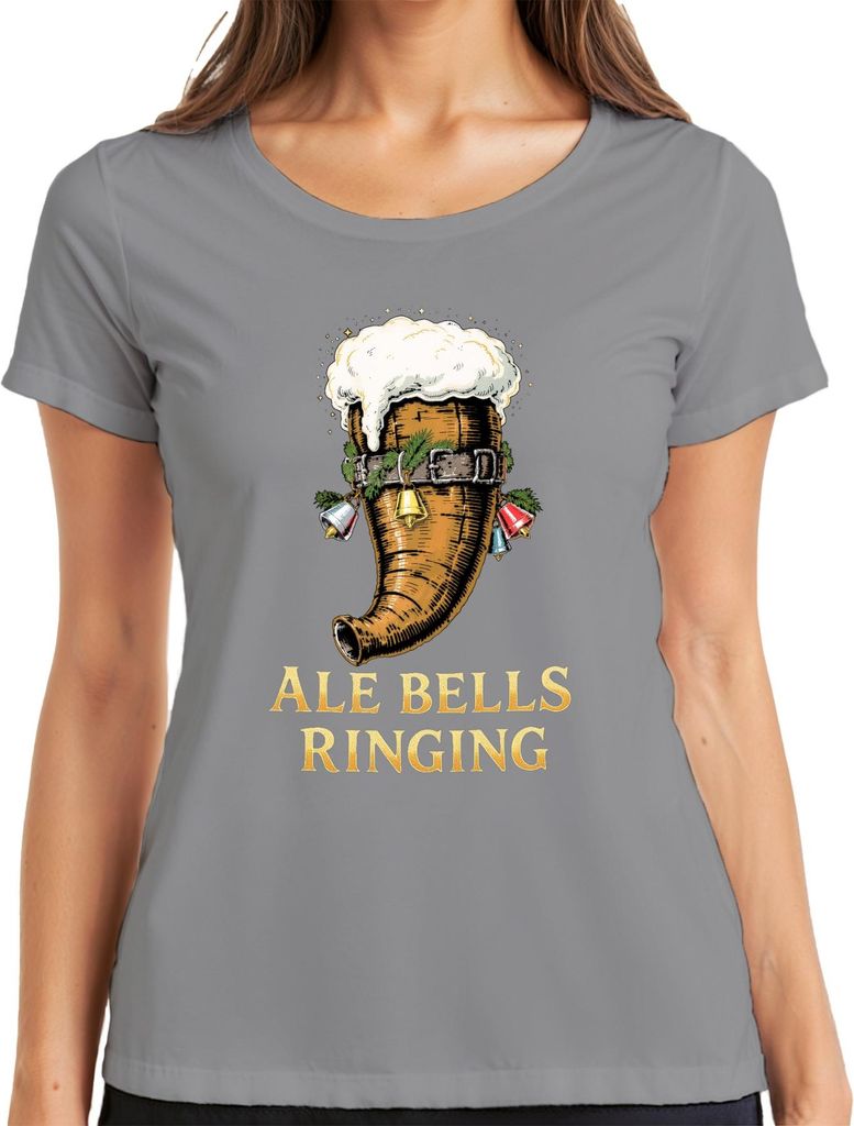 Ale Bells Ringing Weihnachtsbier Bierhorn Festlich Retro Damen T-Shirt, Grau, XXL
