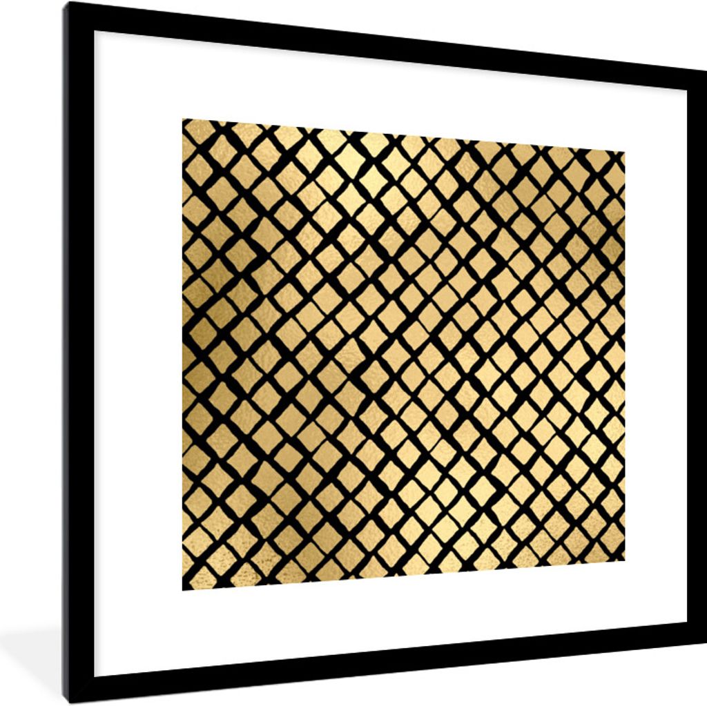 MuchoWow Gerahmtes Poster Muster - Gold - Kariert 40x40 cm - Poster mit Schwarzem Bilderrahmen Wandposter Rahmen Foto Bilder - Poster - Plakat im...