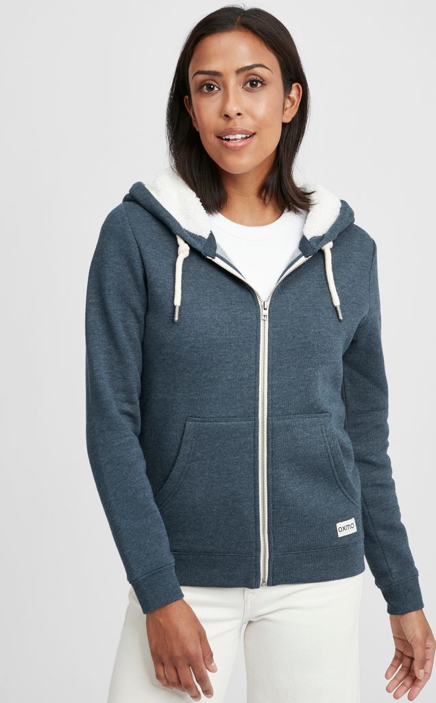 OXMO OXBinja Damen Lange Sweatjacke Kapuzenjacke Hoodie mit Teddyfell-Kapuze