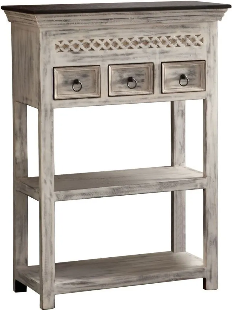 Petite console bois massif blanc antique pour décorer un couloir étroit