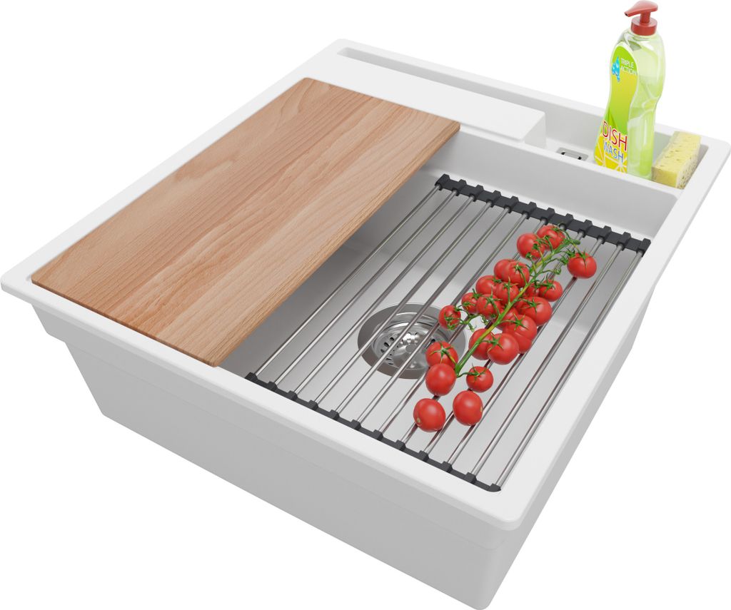 PRIMAGRAN Spülbecken Weiß 48x53cm, Granitspüle 1 Becken + Ablauf-Set + Küchenzubehörset, Küchenspüle ab 50er Unterschrank - Oslo Pocket