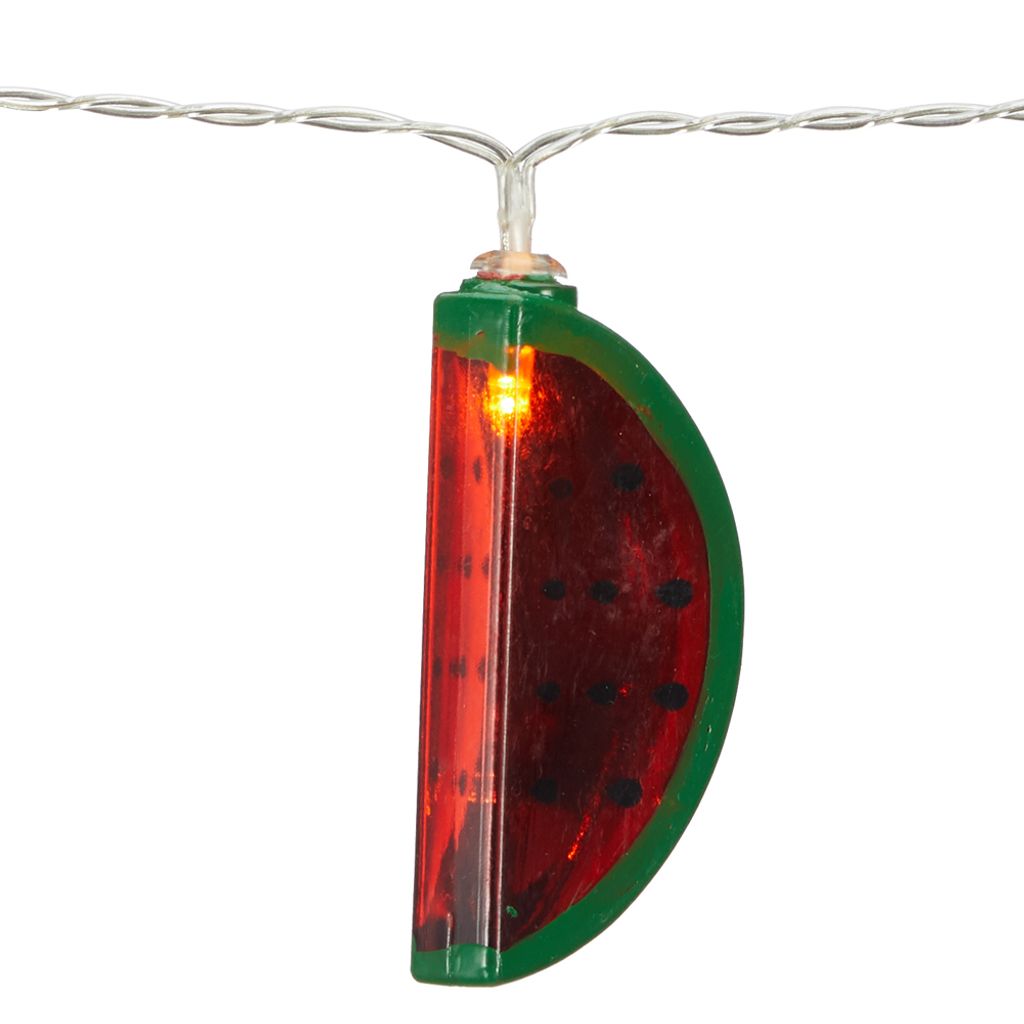 A single watermelon-shaped LED light on a string of lights.