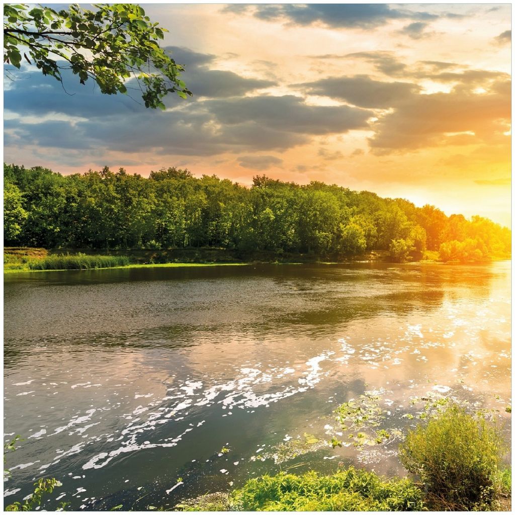 Wallario Memoboard Magnettafel aus Glas, Größe 50 x 50 cm, Motiv Sonnenuntergang am Fluss in grüner Umgebung
