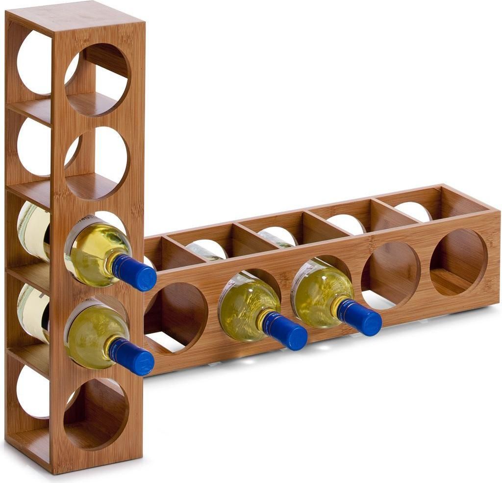A bamboo wine rack holding several bottles of white wine.