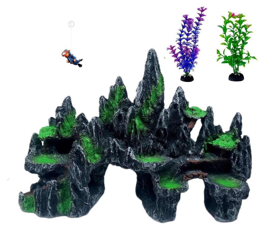 Große Aquarium Dekoration, Bergblick mit Taucher und Pflanzen